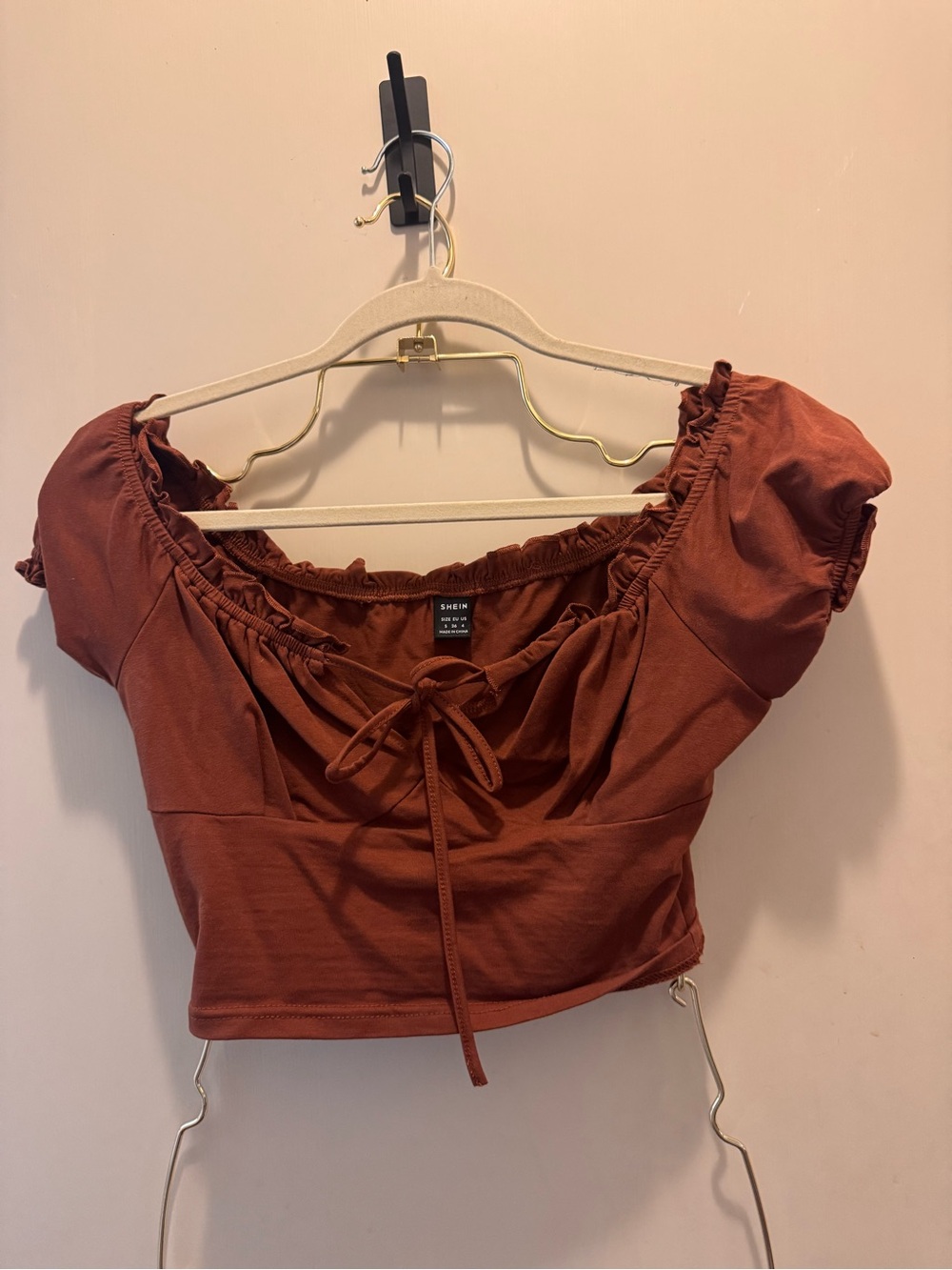 SHEIN Rust Brown Off-Shoulder Tie-Front Crop Top